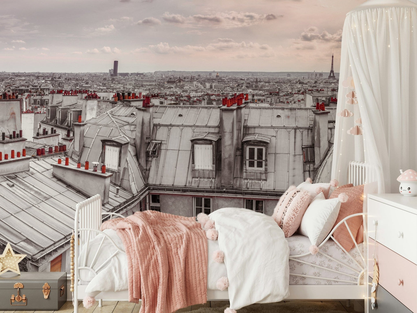 Paris Love wall mural with vintage street elements in a hallway. 