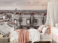 Paris Love wall mural with vintage street elements in a hallway. 