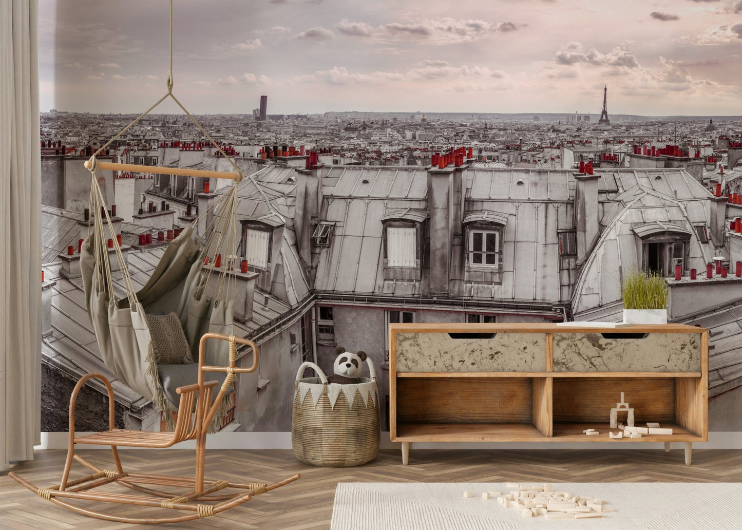 Urban scenery wallpaper for a minimalist apartment feature wall.