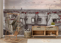 Urban scenery wallpaper for a minimalist apartment feature wall.