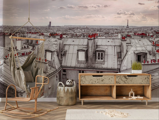 Urban scenery wallpaper for a minimalist apartment feature wall.