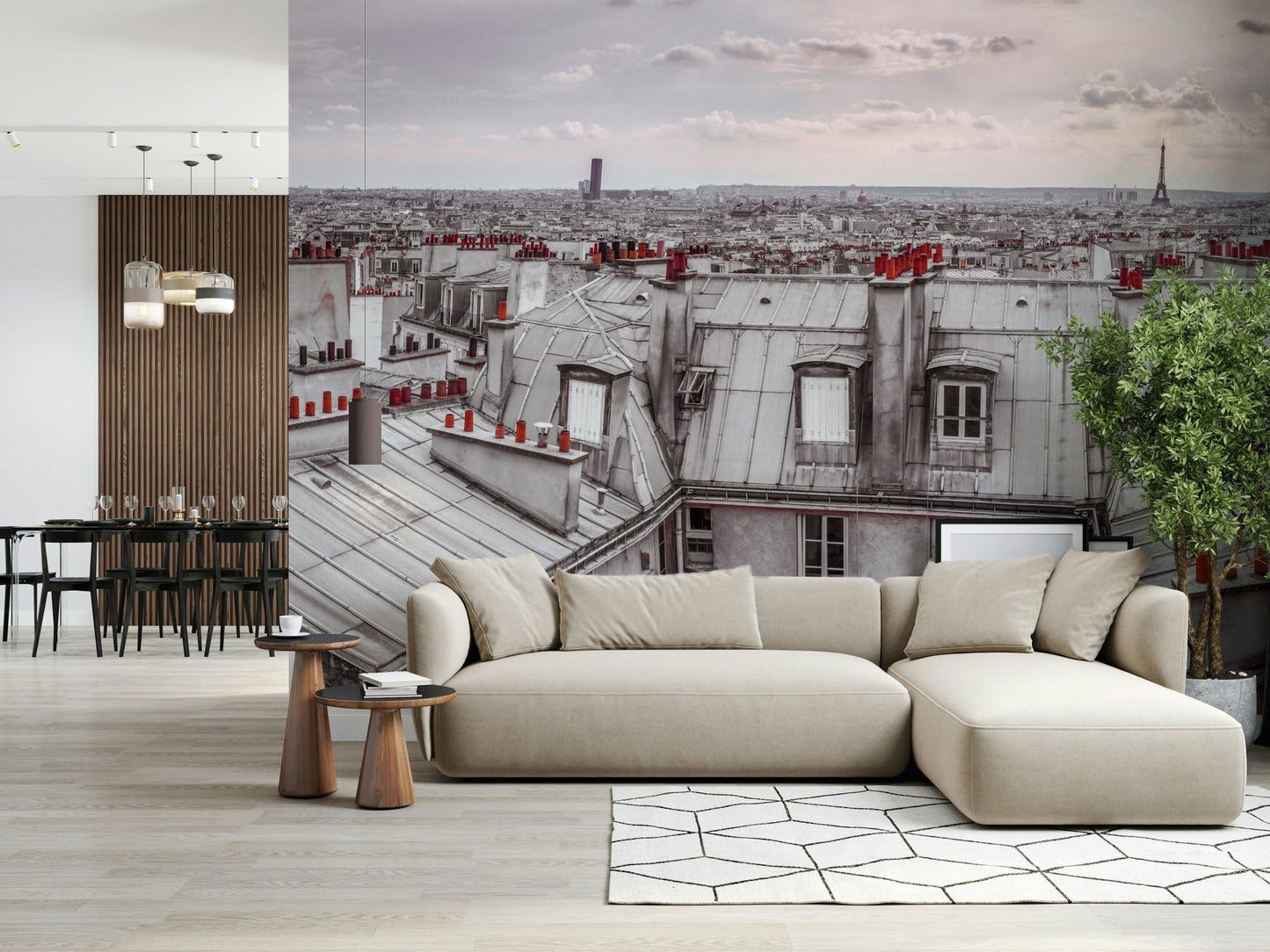 Romantic city wallpaper featuring the Eiffel Tower in a bedroom.