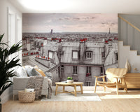 Artistic Paris Love wallpaper for a high-ceilinged foyer entry.