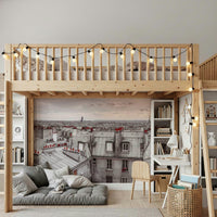 Misty morning city wall mural in a contemporary dining space.