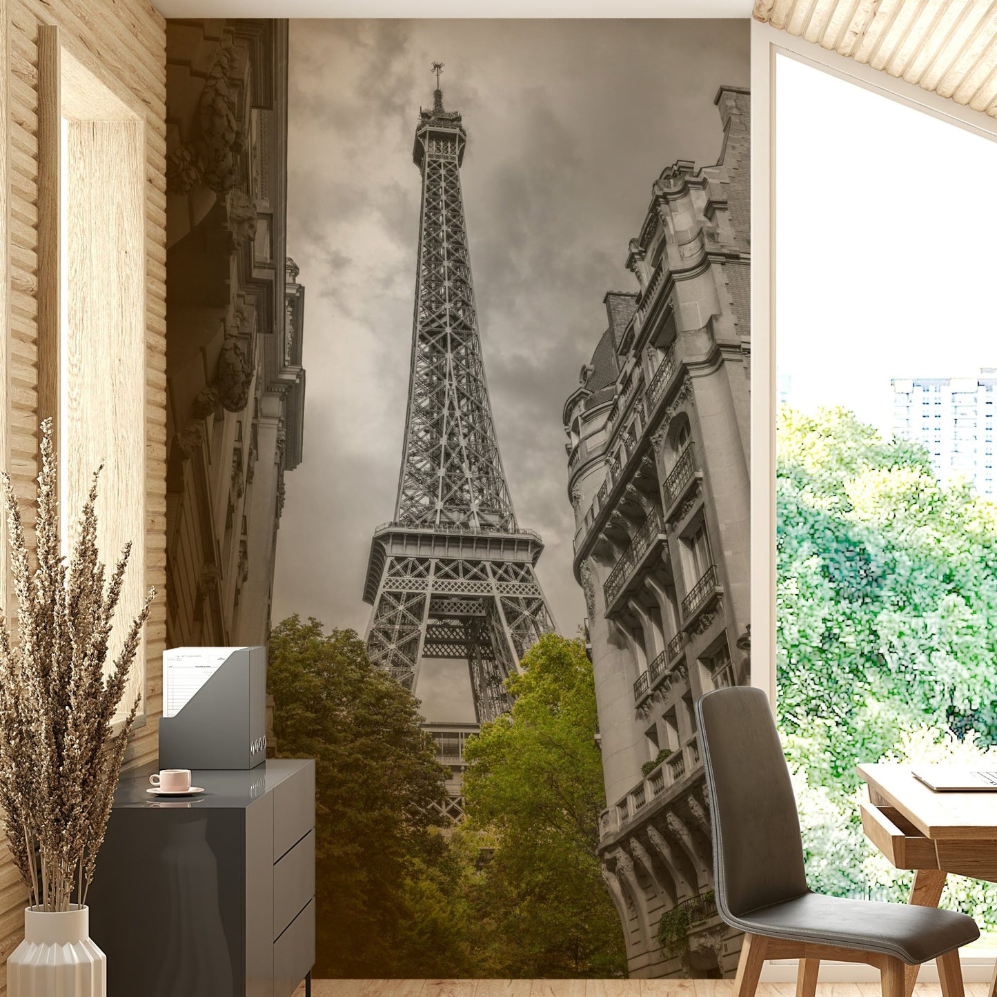 The Eiffel Tower and classic buildings are in black and white.

