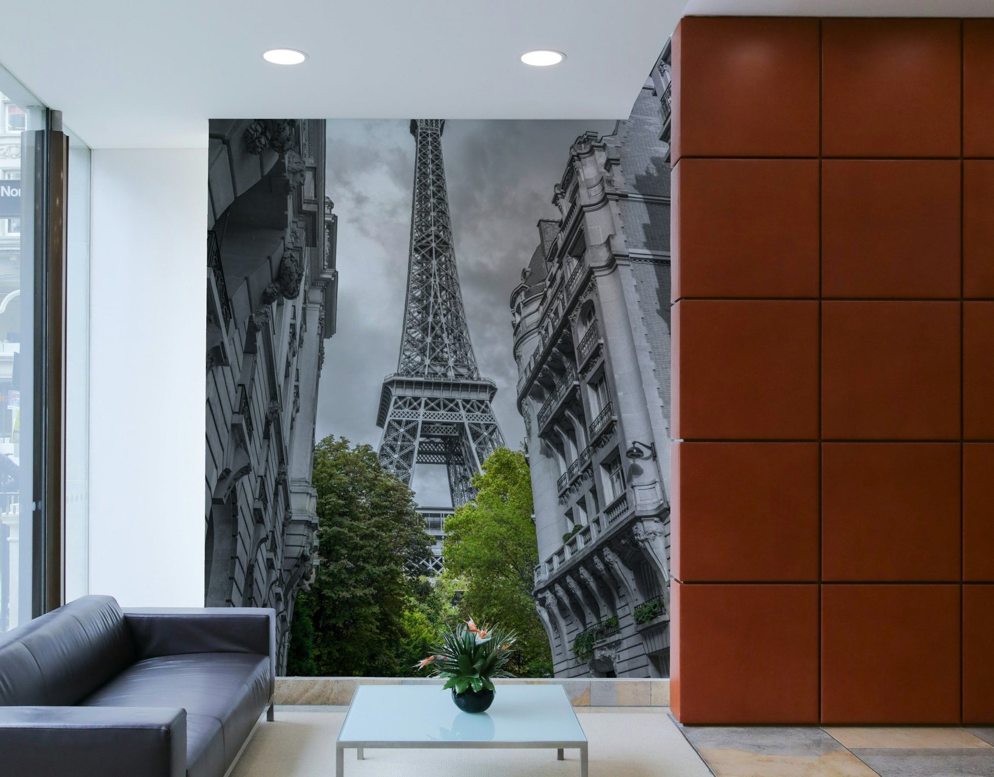 An elegant wall mural with a view of the Eiffel Tower.

