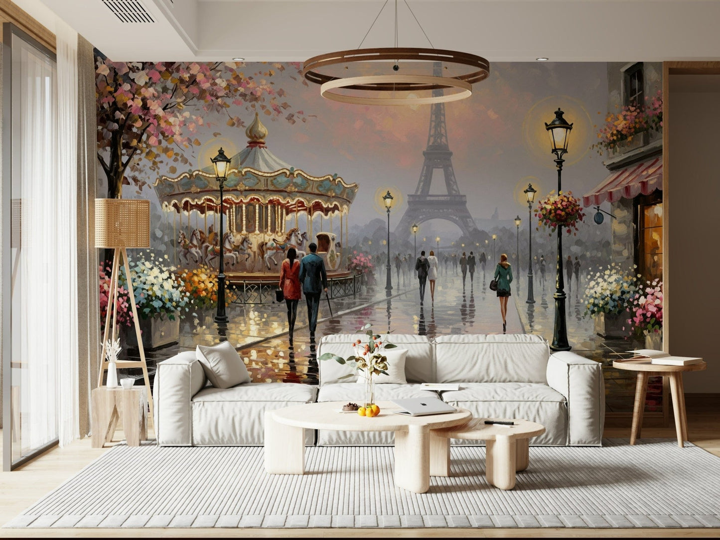 Romantic cityscapes define Retro Geo Blush mural wallpaper with pink blossoms.