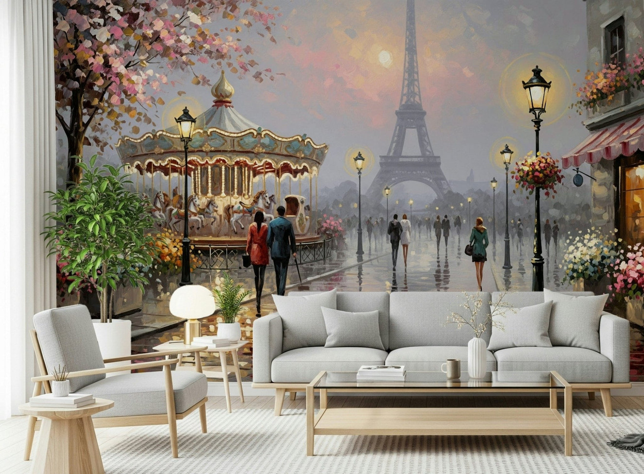Eiffel Tower wall mural brings romantic French elegance into modern rooms.