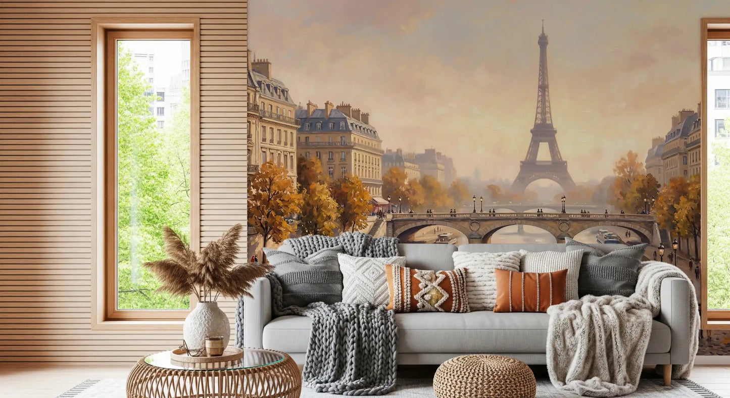 Parisian mural adds artistic city vibes to this compact interior Wall Mural view., GD9105