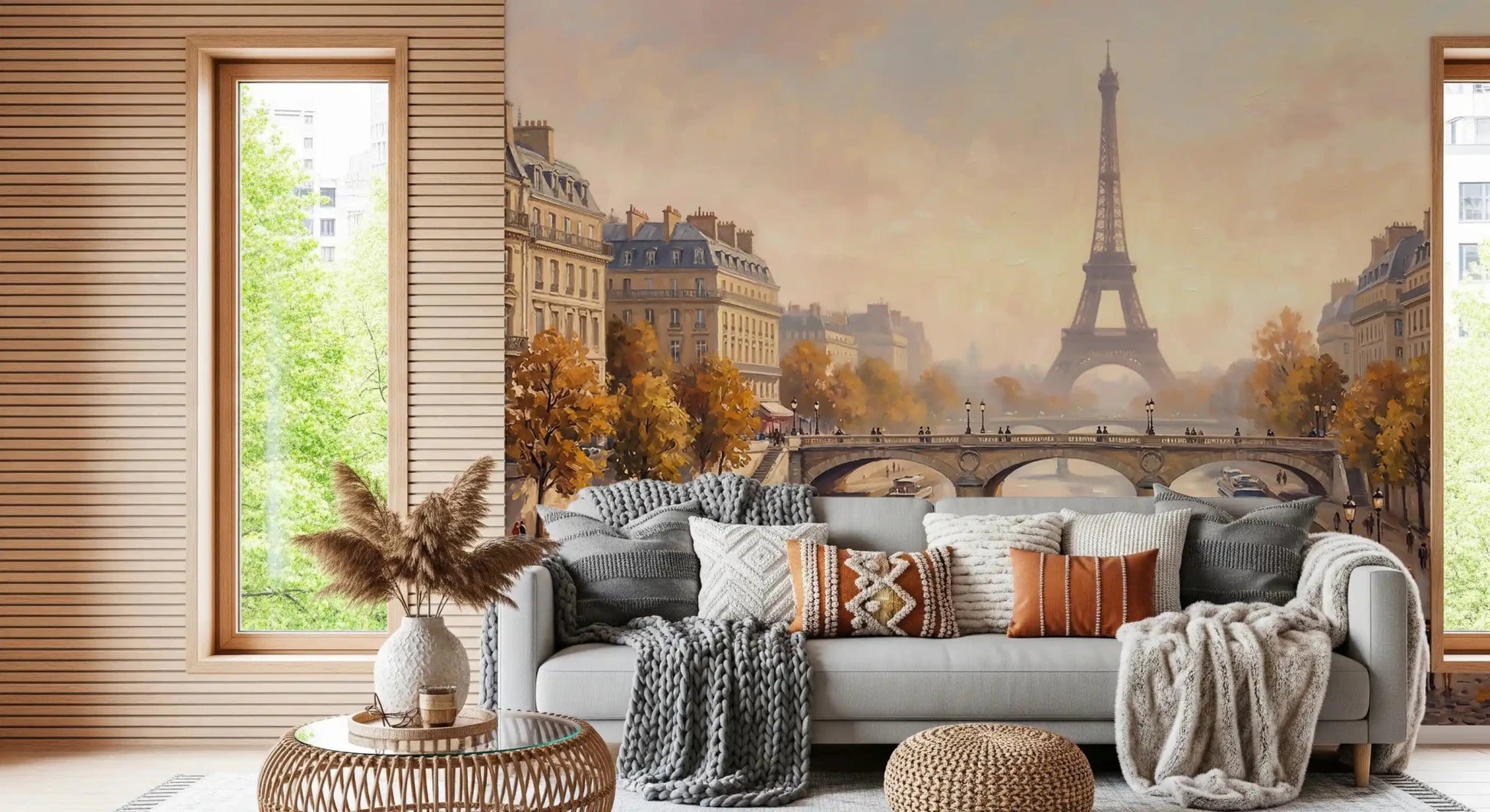 Parisian mural adds artistic city vibes to this compact interior Wall Mural view., GD9105