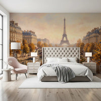 Bedroom featuring the Eiffel Tower on the Parisian Autumn Wall Mural design., GD9105