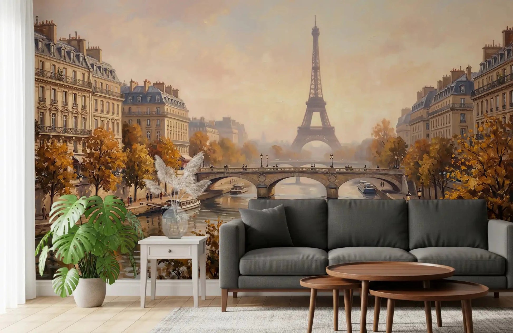 Golden hour lighting effect on this artistic Parisian Glow cityscape Wall Mural., GD9105