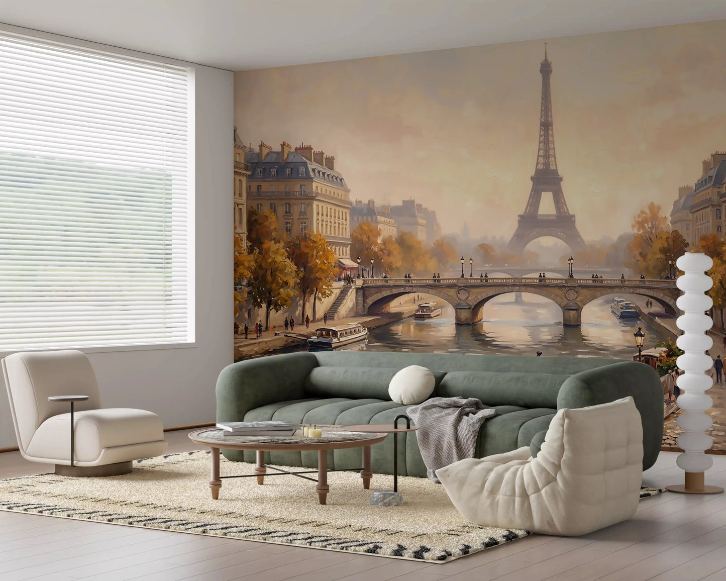 Lounge space feature showcasing the Parisian Autumn Glow Wall Mural backdrop., GD9105