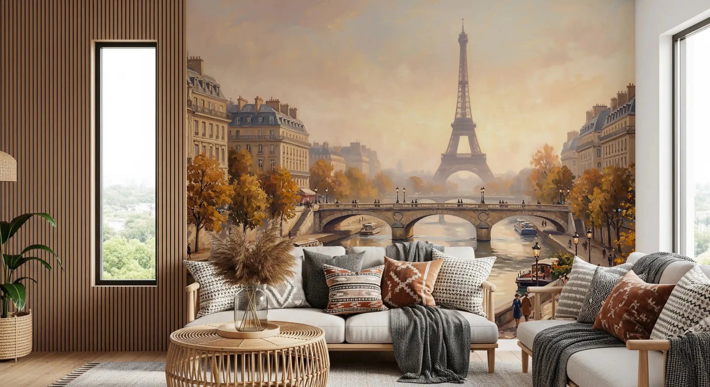 Close-up thumbnail shows the Parisian Autumn Glow Wall Mural oil painting style., GD9105