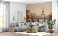 Cozy living area corner displaying the artistic Parisian Autumn Glow Wall Mural., GD9105