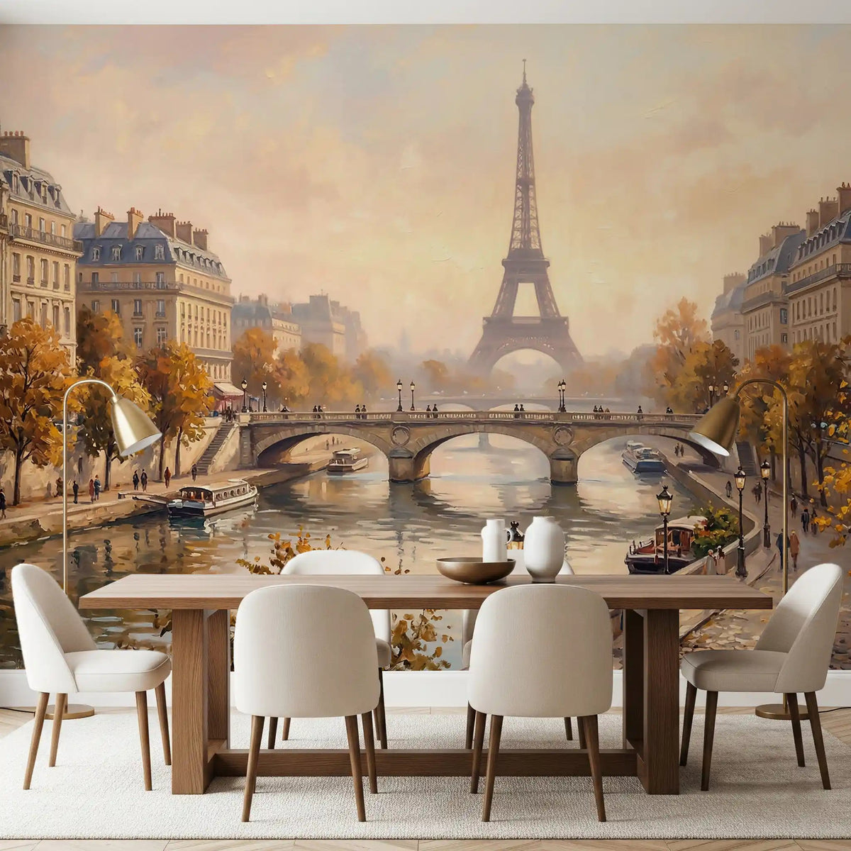 Parisian Autumn Glow Wall Mural adds a golden sunset vista to this dining backdrop., GD9105