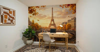 Parisian Autumn vibes Wall Mural includes a bridge and river boat pattern.