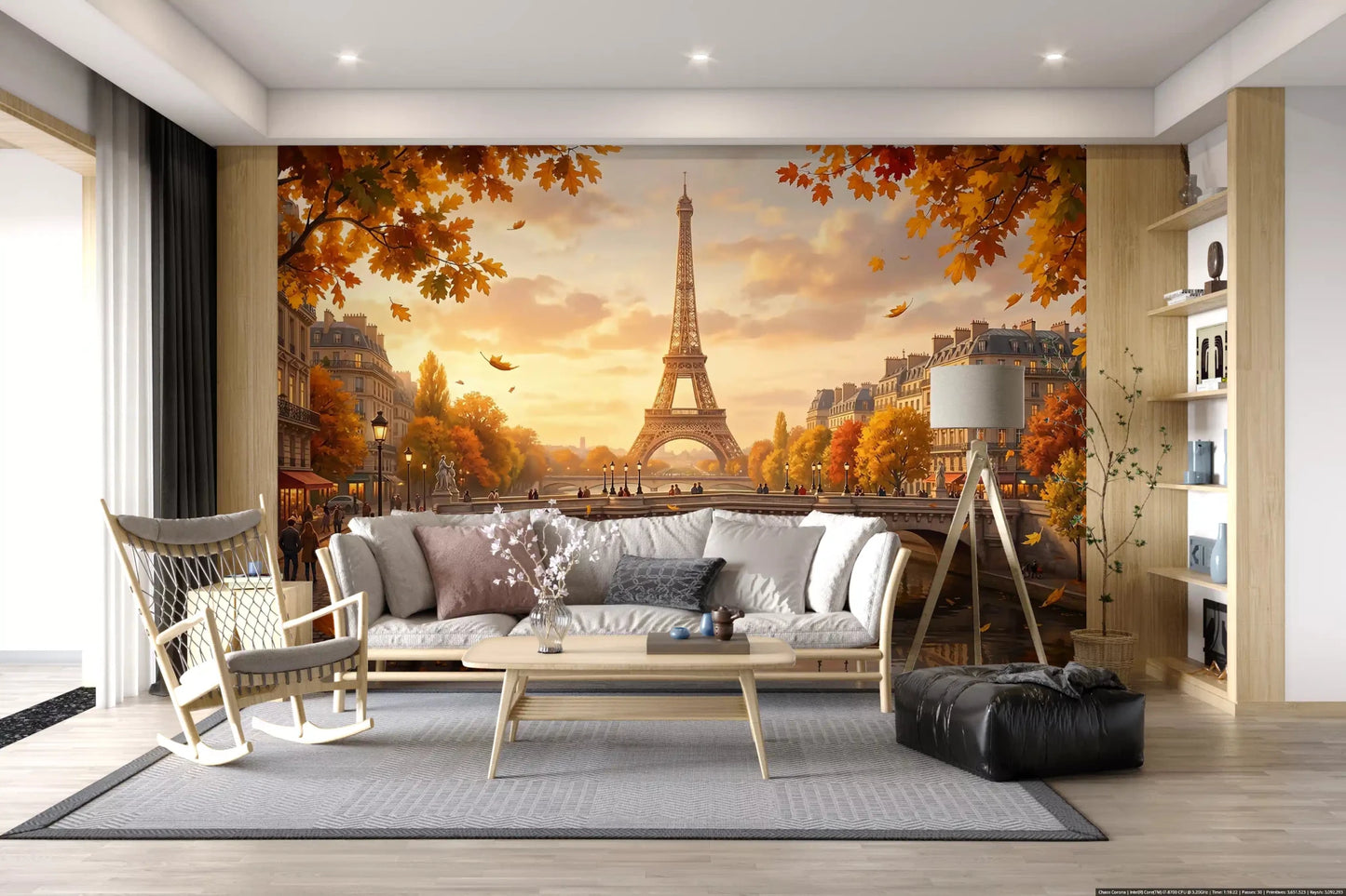 Parisian Autumn vibes Wall Mural displays golden fall leaves and city life.