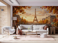 Parisian Autumn vibes Wall Mural features a detailed watercolor Eiffel Tower.