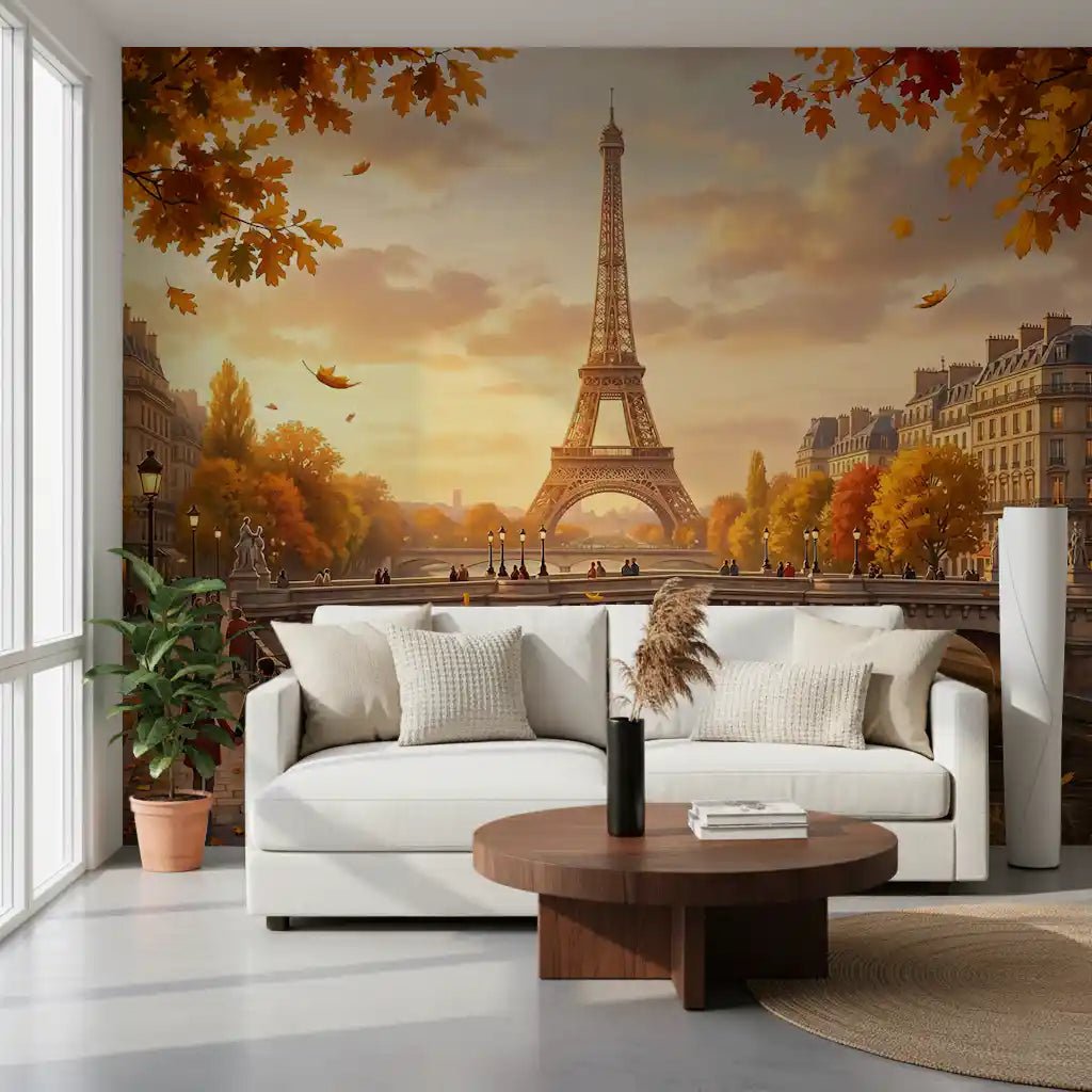 A Living room features the full Parisian Autumn design over a large bed.