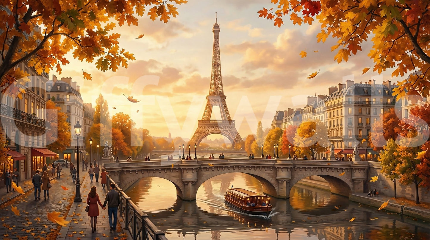 Non-reflective matte finish on the Parisian Autumn vibes Wall Mural surface.