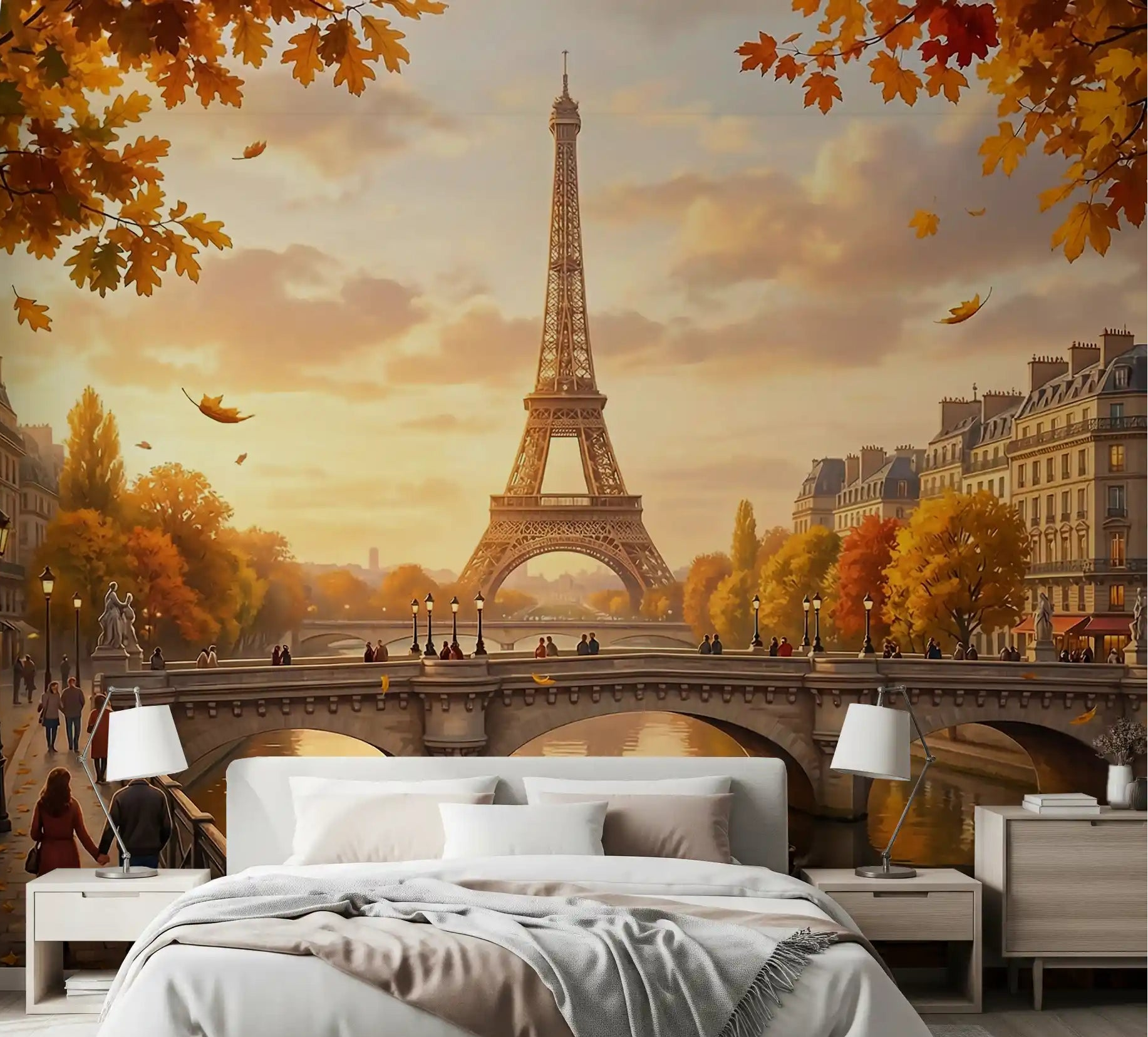 Parisian Autumn vibes mural displayed in Bedroom mockups and close-up views., GD9106