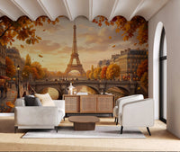 Multiple living room mockups highlight the same Paris wall mural scene.