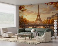 Soft watercolor sunset sky defines the Parisian Autumn vibes Wall Mural design.