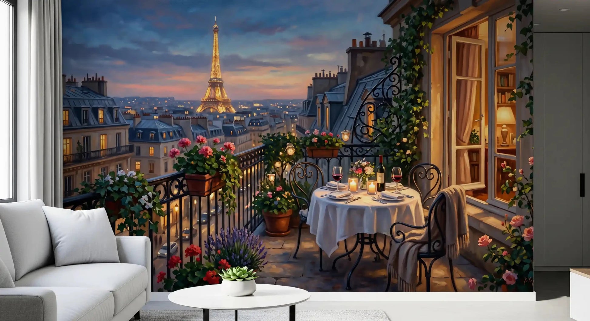 Haussmann rooftops step back into the painted skyline of Parisian Balcony Romance wall mural.GD9619