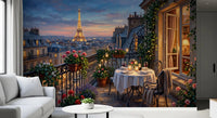 Haussmann rooftops step back into the painted skyline of Parisian Balcony Romance wall mural.GD9619