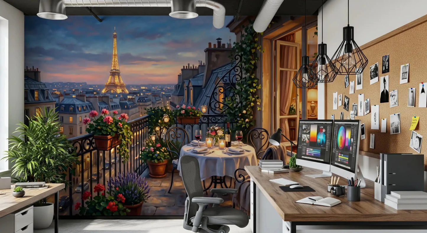 Home office  turns intimate through Parisian Balcony Romance wall mural and its candlelit table.
GD9619