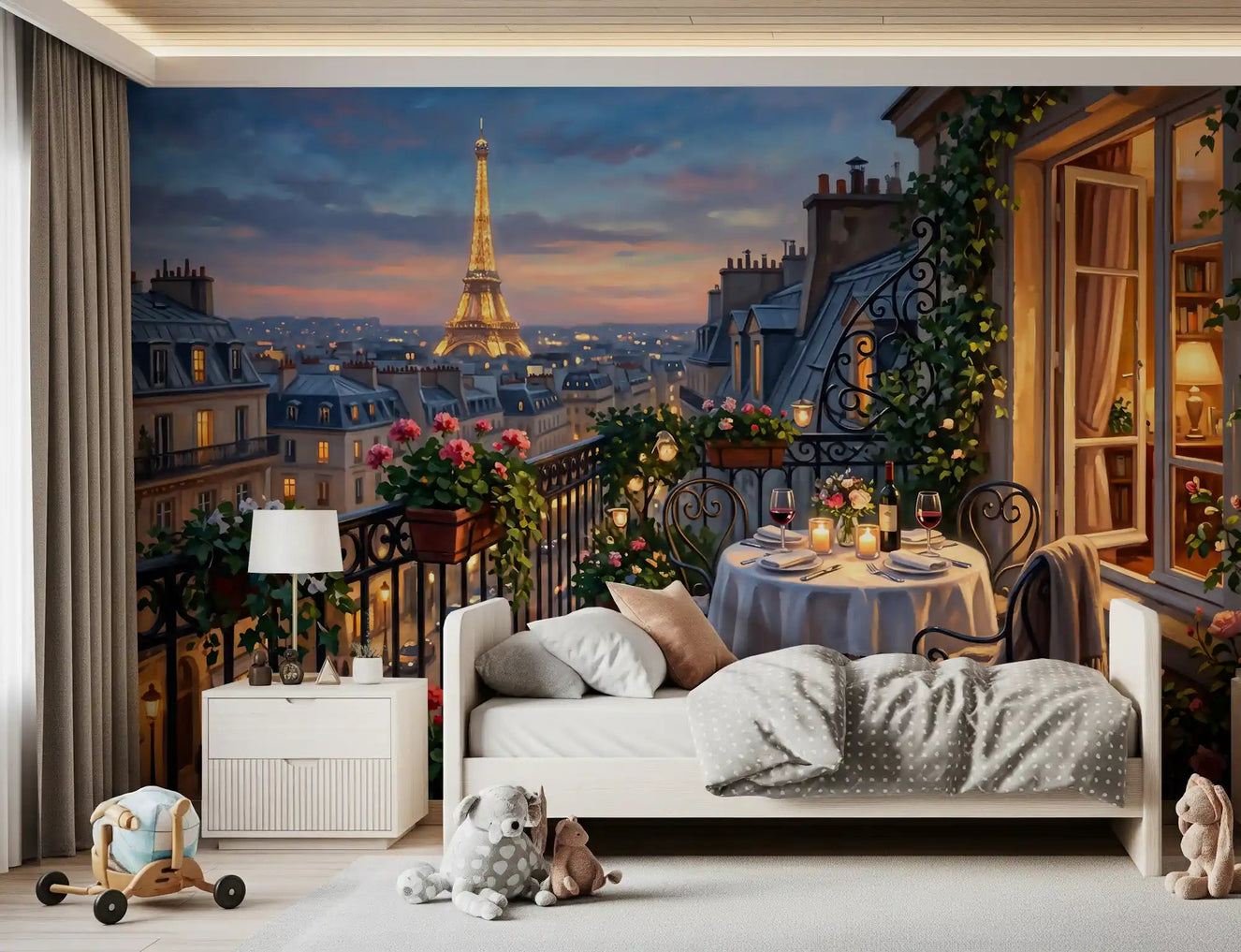 Bedroom backdrop reads cinematic with Parisian Balcony Romance wall mural across the headboard wall.GD9619