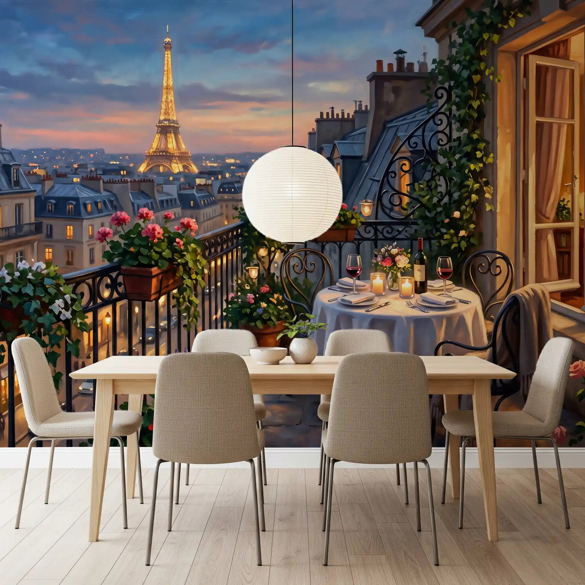 Across the dining room, Parisian Balcony Romance wall mural opens into a painted Paris evening.GD9619