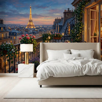 Climbing pink roses and trailing ivy frame both edges of Parisian Balcony Romance wall mural.GD9619
