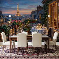 A candlelit dinner for two sits on the wrought-iron balcony in Parisian Balcony Romance wall mural. GD9619