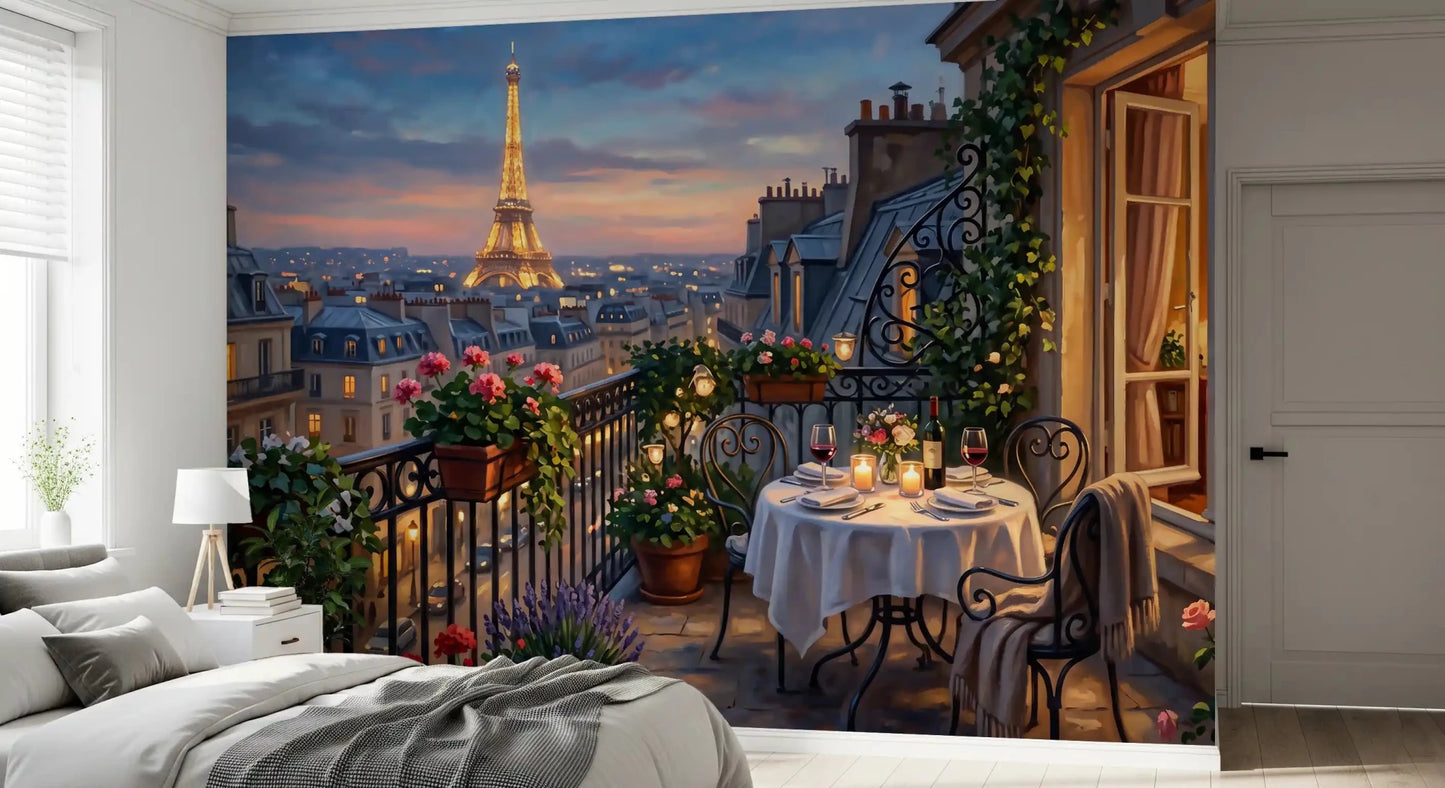 Bedroom feels softer behind the painted brushstrokes of Parisian Balcony Romance wall mural. GD9619