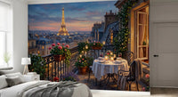 Bedroom feels softer behind the painted brushstrokes of Parisian Balcony Romance wall mural. GD9619