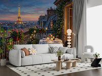 Living room corner picks up romantic warmth with Parisian Balcony Romance wall mural detail.GD9619