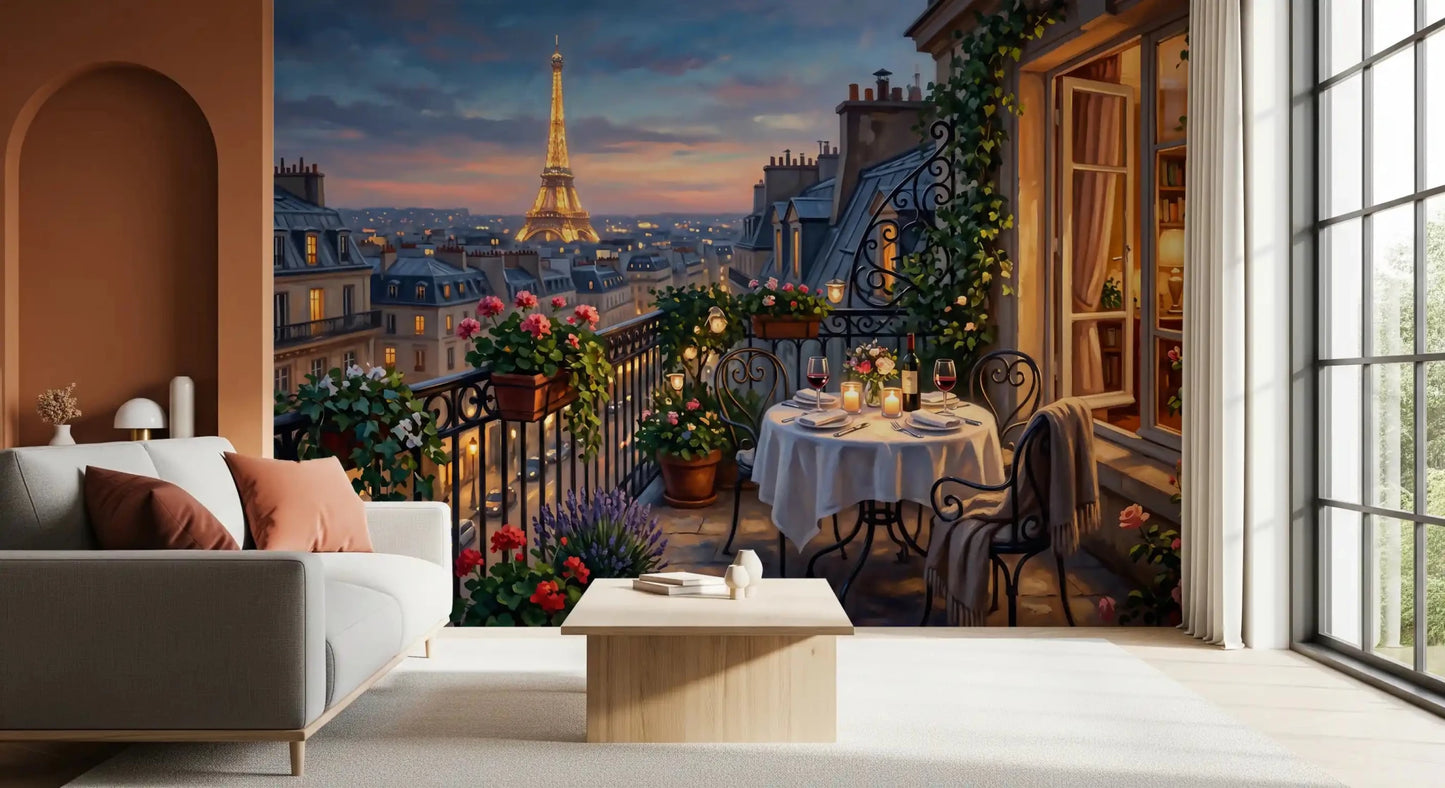 Hallway leads outward into the Eiffel skyline view with Parisian Balcony Romance wall mural. GD9619