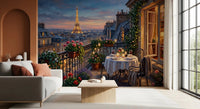 Hallway leads outward into the Eiffel skyline view with Parisian Balcony Romance wall mural. GD9619