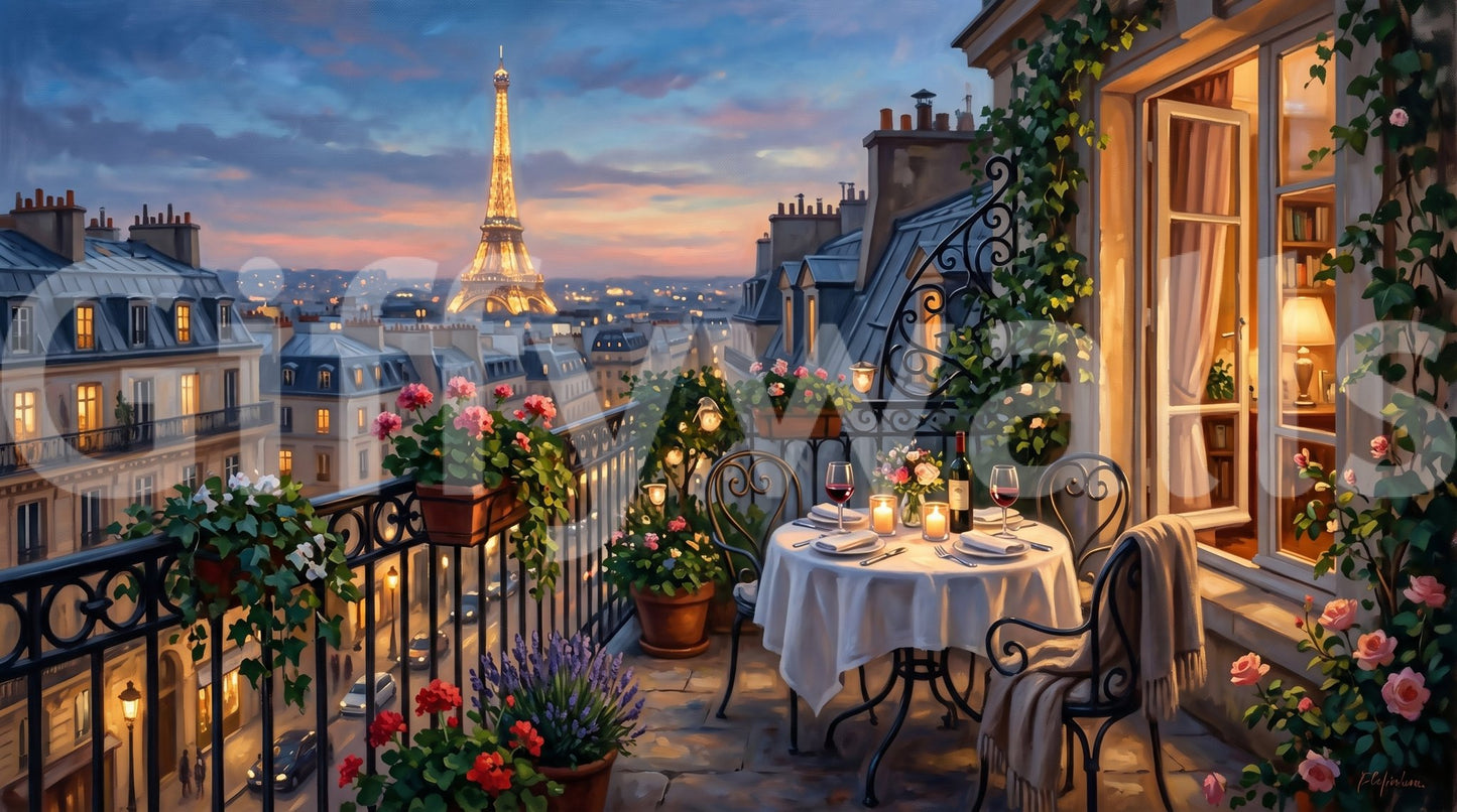 Lavender, geraniums, and lit lanterns line the balcony of Parisian Balcony Romance wall mural.GD9619