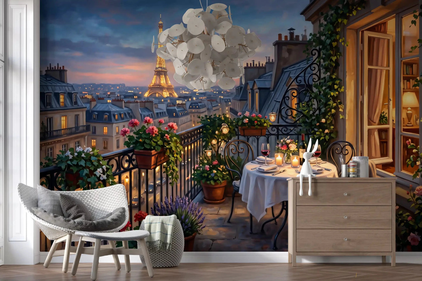 The Eiffel Tower glows gold against twilight pink and blue in Parisian Balcony Romance wall mural. GD9619