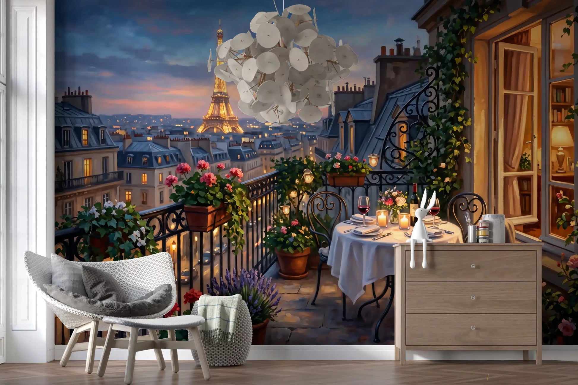 The Eiffel Tower glows gold against twilight pink and blue in Parisian Balcony Romance wall mural. GD9619