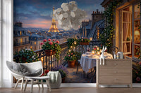 The Eiffel Tower glows gold against twilight pink and blue in Parisian Balcony Romance wall mural. GD9619