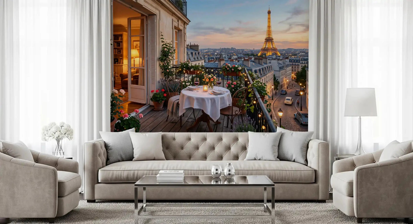 A bistro table set for two sits framed by roses on Parisian Balcony Sunset Romance wall mural.GD9620