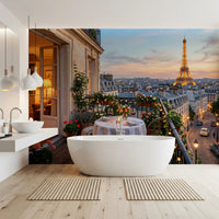 Bathroom reads softer with Parisian Balcony Sunset Romance wall mural anchoring the sofa wall.GD9620