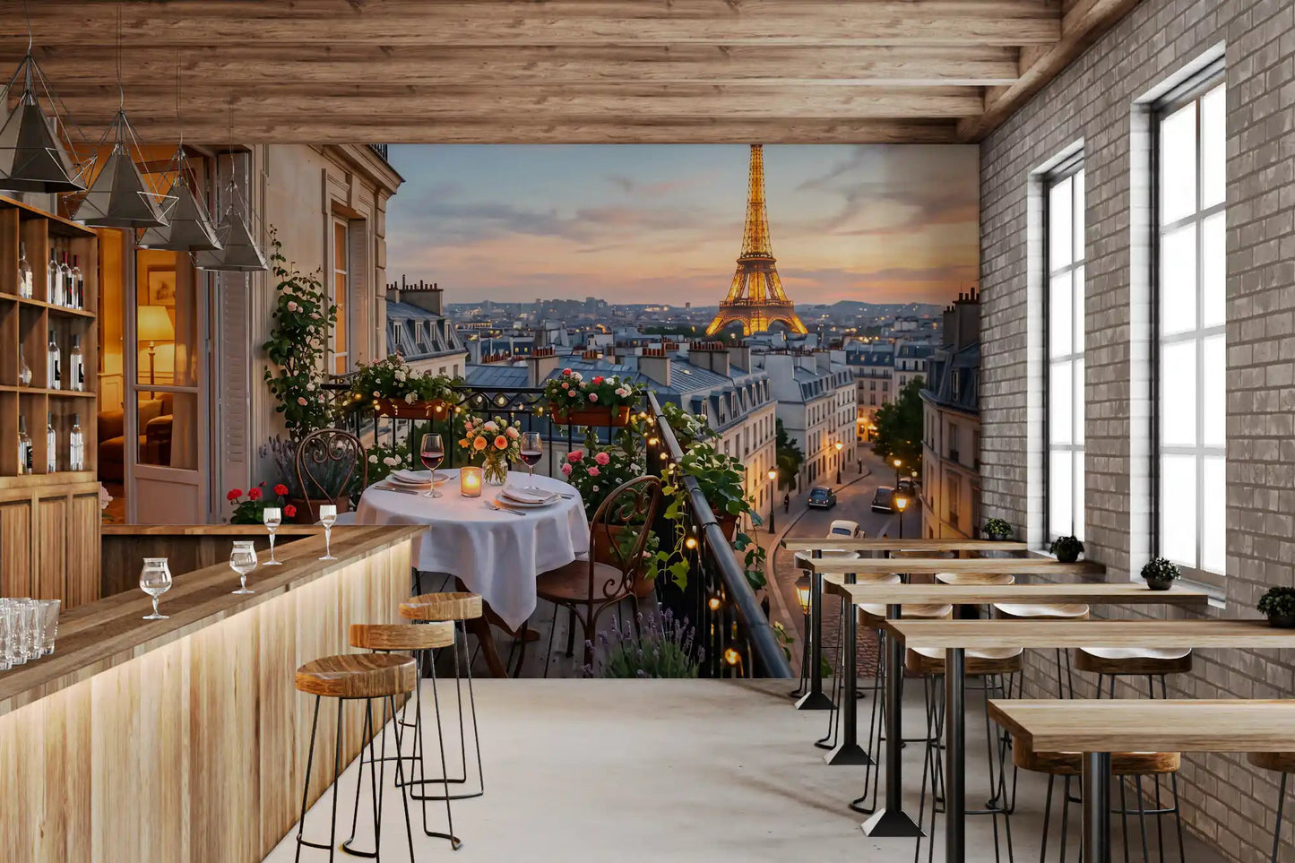 Haussmann rooftops stretch toward the horizon in Parisian Balcony Sunset Romance wall mural.GD9620