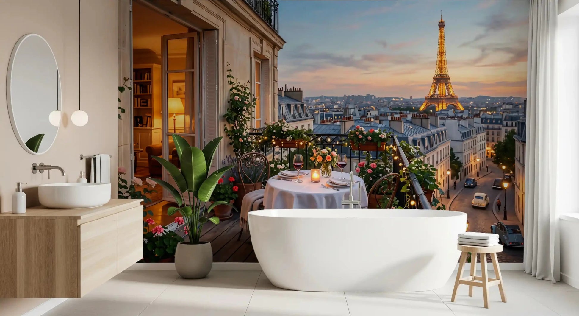 The lit-up Eiffel Tower rises against a pink and gold sky in Parisian Balcony Sunset Romance wall mural.GD9620
