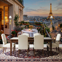 Parisian Balcony Sunset Romance wall mural opens the dining room into a glowing rooftop view.GD9620