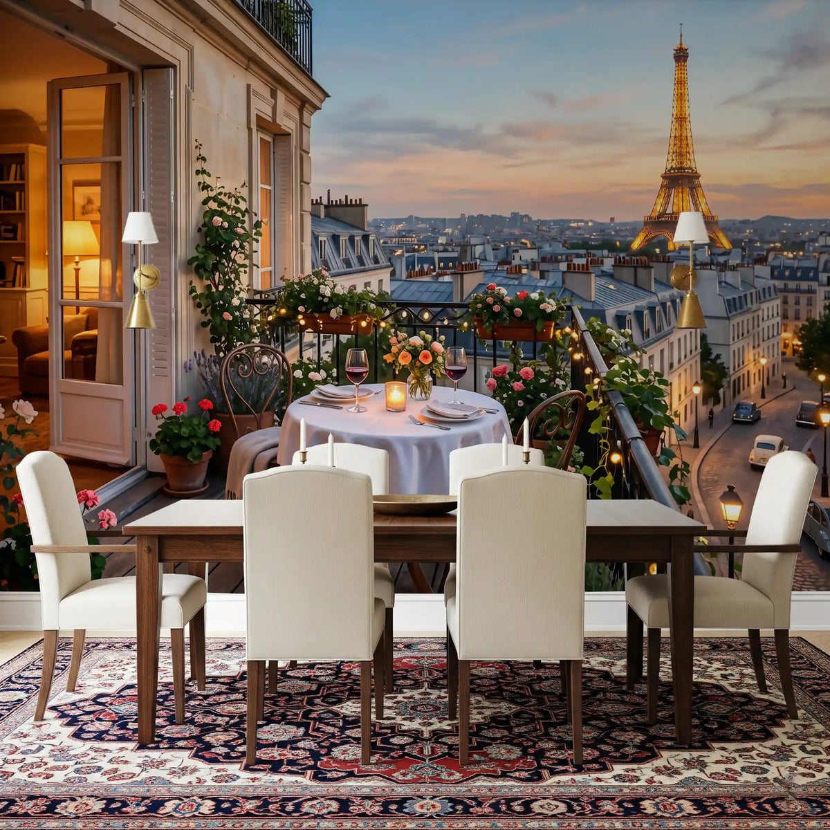 Parisian Balcony Sunset Romance wall mural opens the dining room into a glowing rooftop view.GD9620